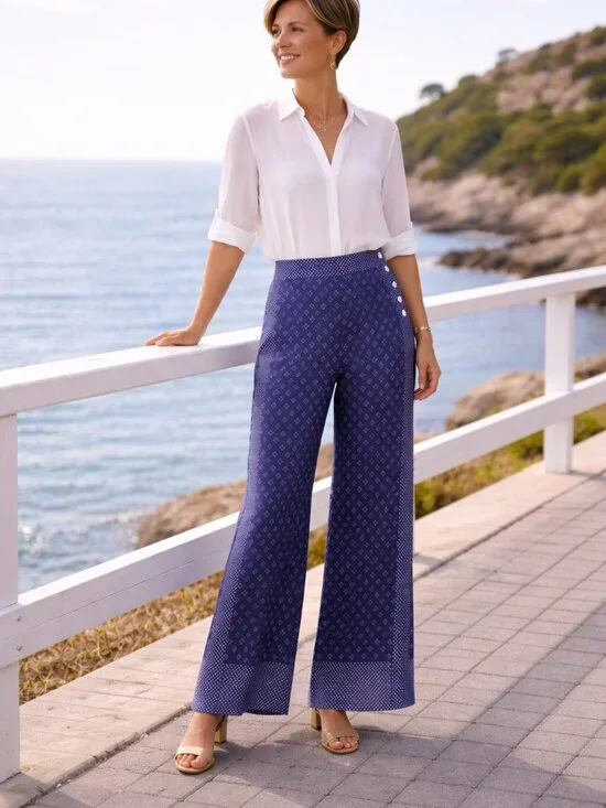 Polo Ralph Lauren Silk Palazzo Pants Geo Polka Dot Blue - Picture 1 of 7